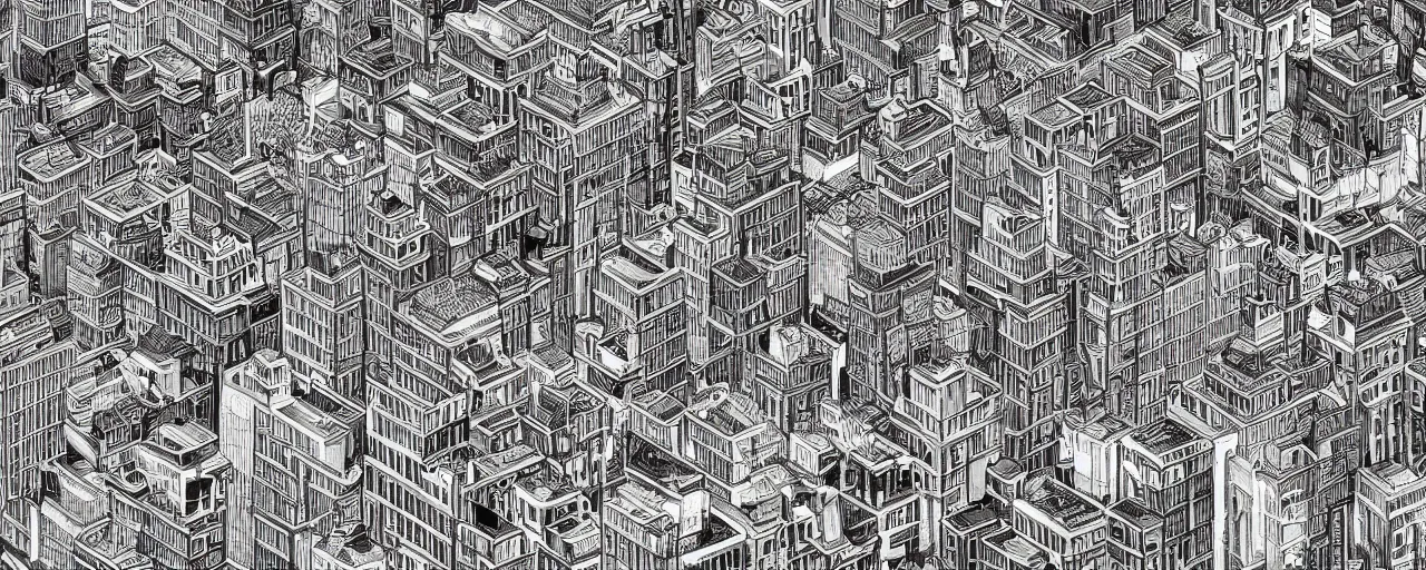 Image similar to a highly detailed cityscape, black and white, in the style of MC Escher, 4k