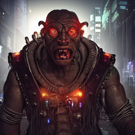 Image similar to hyper realistic cyberpunk orc, 8 k, photography, glowing lines, rule of thirds, ultra detailed.