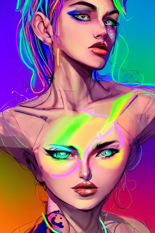 Image similar to a award winning portrait of a beautiful woman with stunning eyes in a one off shoulder crop top and cargo pants with rainbow colored hair, outlined by whirling illuminated neon lines and fine lines swirling in circles by greg tocchini, digital art, trending on artstation