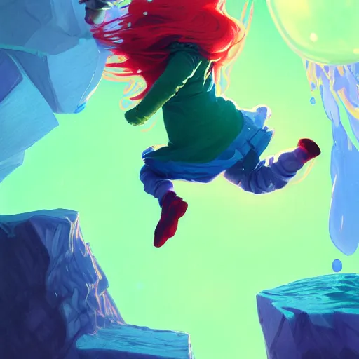 Prompt: madeline from celeste jumping into a green jelly bubble wearing a blue bubble jacket has a red long hair, highly detailed, digital painting, artstation, concept art, sharp focus, illustration, art by greg rutkowski and alphonse mucha