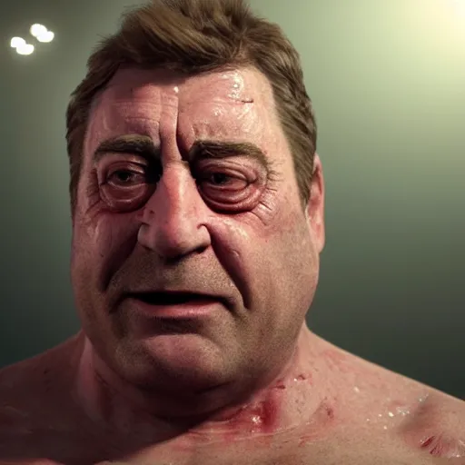 Prompt: hyperrealistic mixed media high resolution image of john goodman, sweating, stunning 3 d render inspired art by jamie salmon and istvan sandorfi and unreal engine and greg rutkowski, realistic flesh, dim volumetric lighting, 8 k octane beautifully detailed render, post - processing, extremely hyper - detailed, intricate, epic composition, highly detailed attributes, highly detailed atmosphere, cinematic lighting