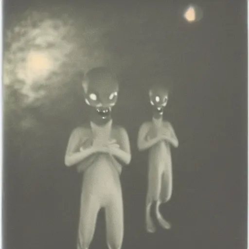 Prompt: polaroid photograph of horrorific alien beings visiting earth, 1 9 5 0