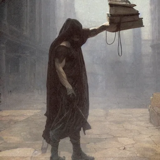 Prompt: half portait of magican wearing a closed cowl and carrying big old book! chained to the wrist, jeremy mann, jean leon gerome, tiepolo, alphonse mucha, greg rutkowski, face in the shadows, ( ( ruins of ancient rome ) ), at dusk, mysterious atmosphere, sunrays, dof, high detailed, 8 k