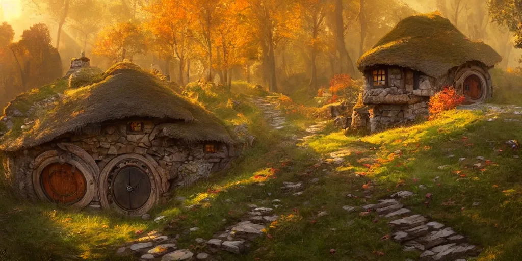 Image similar to a hobbit cottage on top of a steep hill, greg rutkowski, zabrocki, moebius, karlkka, jayison devadas, highly detailed, autumn sunlights, smoky atmosphere, ( ray of sunlight ), trending on artstation, 8 k, ultra wide angle, zenith view, pincushion lens effect