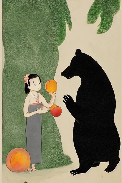 Prompt: a girl gives a peach to a large anthropomorphic asian black bear, in the style of foujita tsuguharu