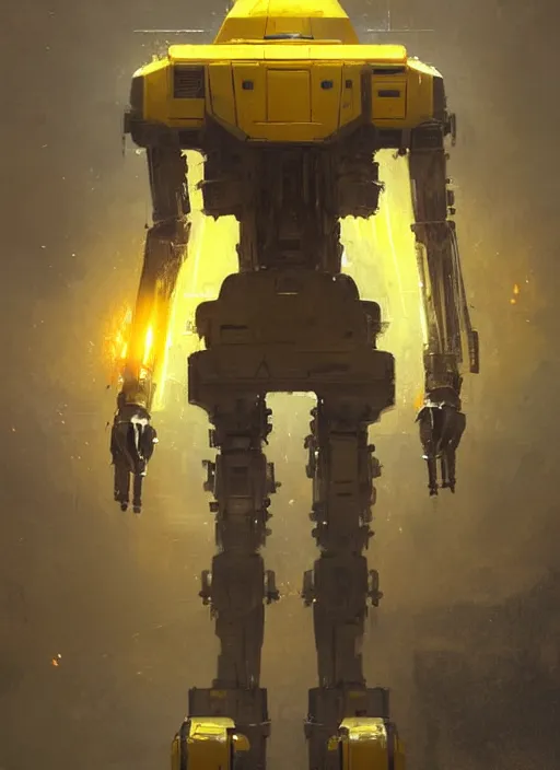 Image similar to tall strong intricate yellow pit droid, pancake short large head painterly mecha, by Greg Rutkowski