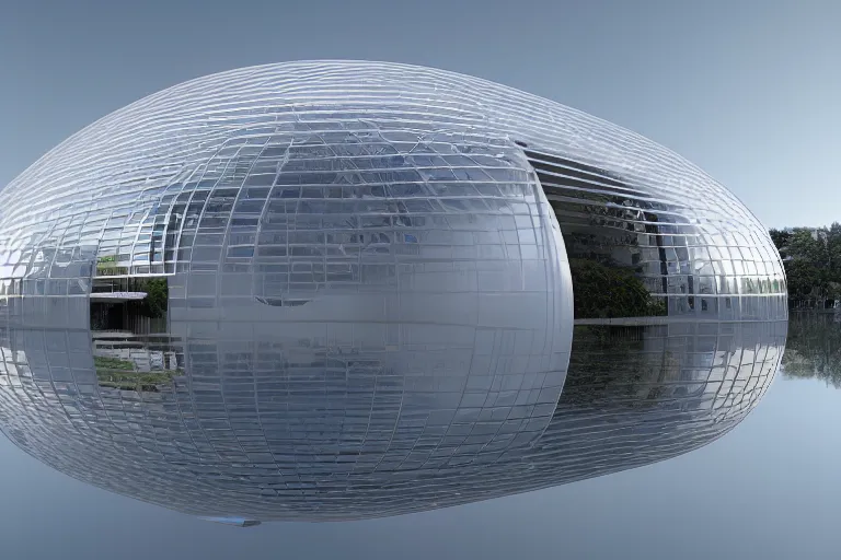 Image similar to a building formed by the combination of many white spherical and egg shaped circular spaces. on the calm lake, people's perspective modern curved architecture, future, wood, marble, metal award winning, highly detailed 4 k art, dusk, unreal engine highly rendered, global illumination, radial light, internal environment by kazuyo sejima