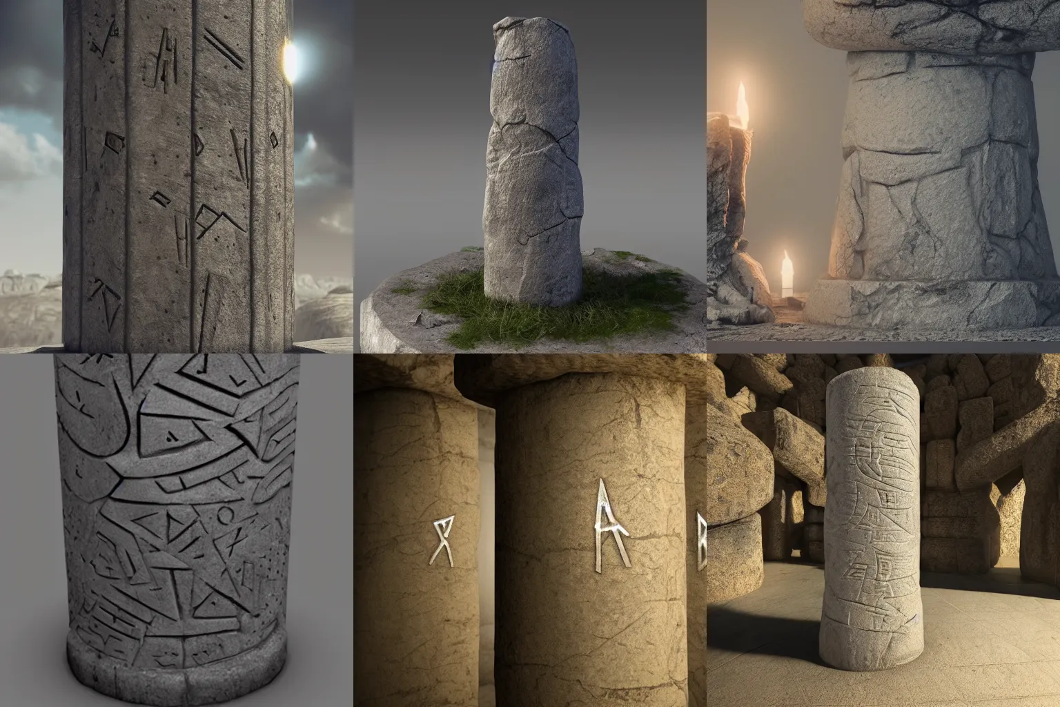 Prompt: magic runes carved in a stone column, concept art, cgsociety, octane render, trending on artstation, artstationHD, artstationHQ, unreal engine, 8k