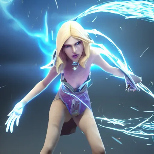 Prompt: action shot of Lux (League of Legends) in the show arcane, 3d render, stylized, highly detailed, unreal engine 5, fortiche studio