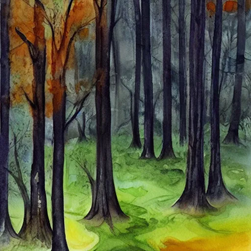 Prompt: dark forest, watercolor, oil painting