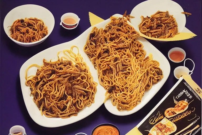Image similar to mcdonald's fried slugs and crickets served with noodles meal, in 1 9 9 5, y 2 k cybercore, advertisement photo