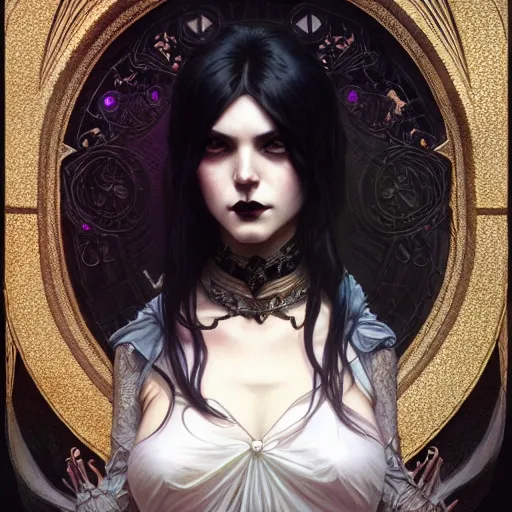 Prompt: goth gf, 8k, D&D, fantasy, intricate, elegant, highly detailed, digital painting, artstation, concept art, smooth, sharp focus, illustration, art by artgerm and greg rutkowski and alphonse mucha