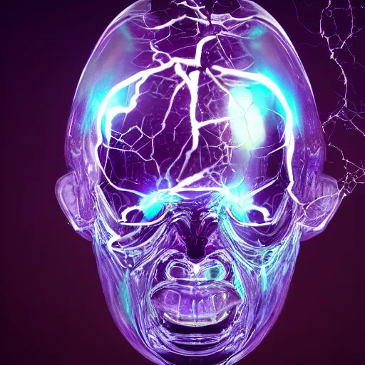 Prompt: glass brain, opaque, dark womb background, blue purple, abstract, nuerons, lightning, tungsten fillament, translucent, octane render, macro