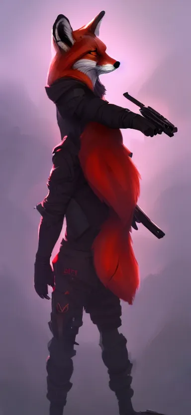 Image similar to a league of legends concept art of an anthropomorphic red fox in a black hoodie with scar on a face holding a gun, front view, artstation, digital art, oc commission, style by jordan grimmer and greg rutkowski, 4 k resolution