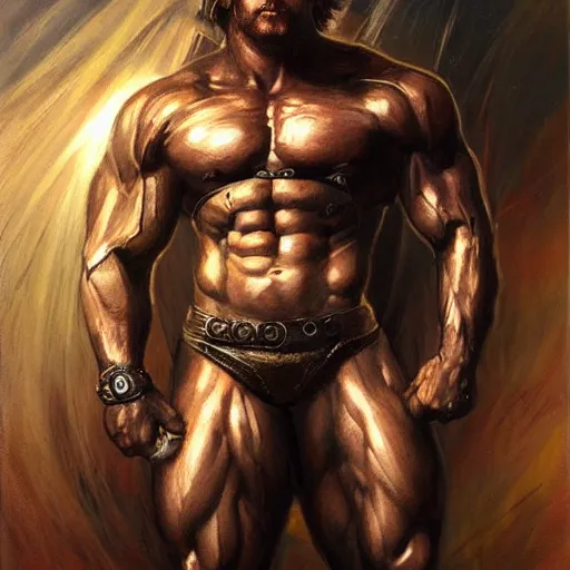 Image similar to handsome portrait of a spartan guy bodybuilder posing, radiant light, caustics, war hero, metal gear solid, by gaston bussiere, steel ball run cover art