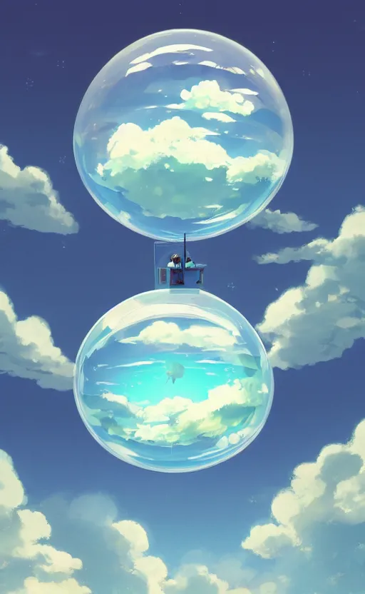 Prompt: an asymmetrical cell - shaded studio ghibli concept art study of a huge silver cube ufo inside a transparent bubble in the sky. wide shot, very dull colors, hd, 4 k, hq