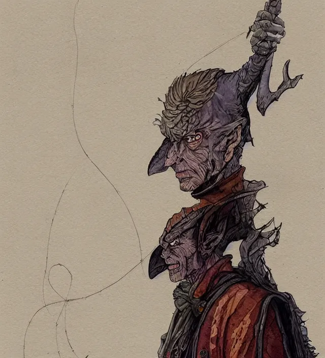 Image similar to a watercolor ink painting of a post - apocalyptic tiefling sorcerer in the style of jean giraud in the style of moebius trending on artstation deviantart pinterest detailed realistic hd 8 k high resolution