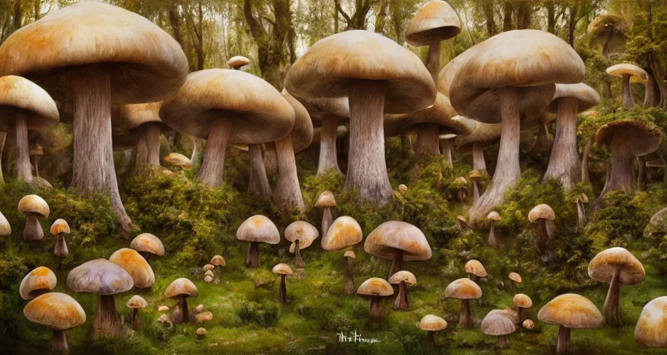 Image similar to A tribal village in a forest of giant mushrooms, by Rob Hefferan