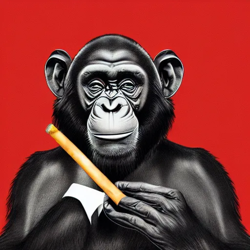 Image similar to a high detail photo of an antropomorphic chimp wearing a suit smoking a cigarrette, subject= chimp, subject detail: wearing a suit, subject action: smoking a cigarrette photorealism