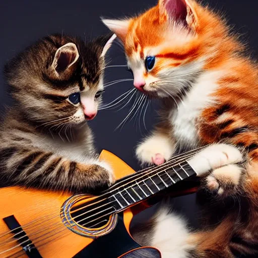 Image similar to an amazing award winning photo of kittens playing guitar, very detailed and sharp, 4k hdr, masterpiece