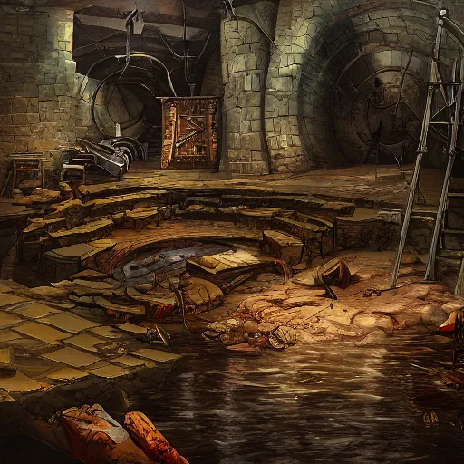 Image similar to drowned bandit lair, sewers, victorian, warehouse, fantasy art, artstation