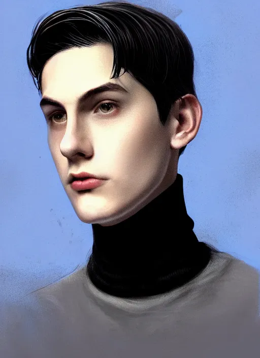 Image similar to portrait of teenage jughead jones wearing a light grey crown, crown, blue turtleneck, 1 9 5 0 s, closed eyes, photorealistic, black hair, glowing lighting, intricate, elegant, glowing lights, highly detailed, digital painting, artstation, concept art, smooth, sharp focus, illustration, art by wlop, mars ravelo and greg rutkowski