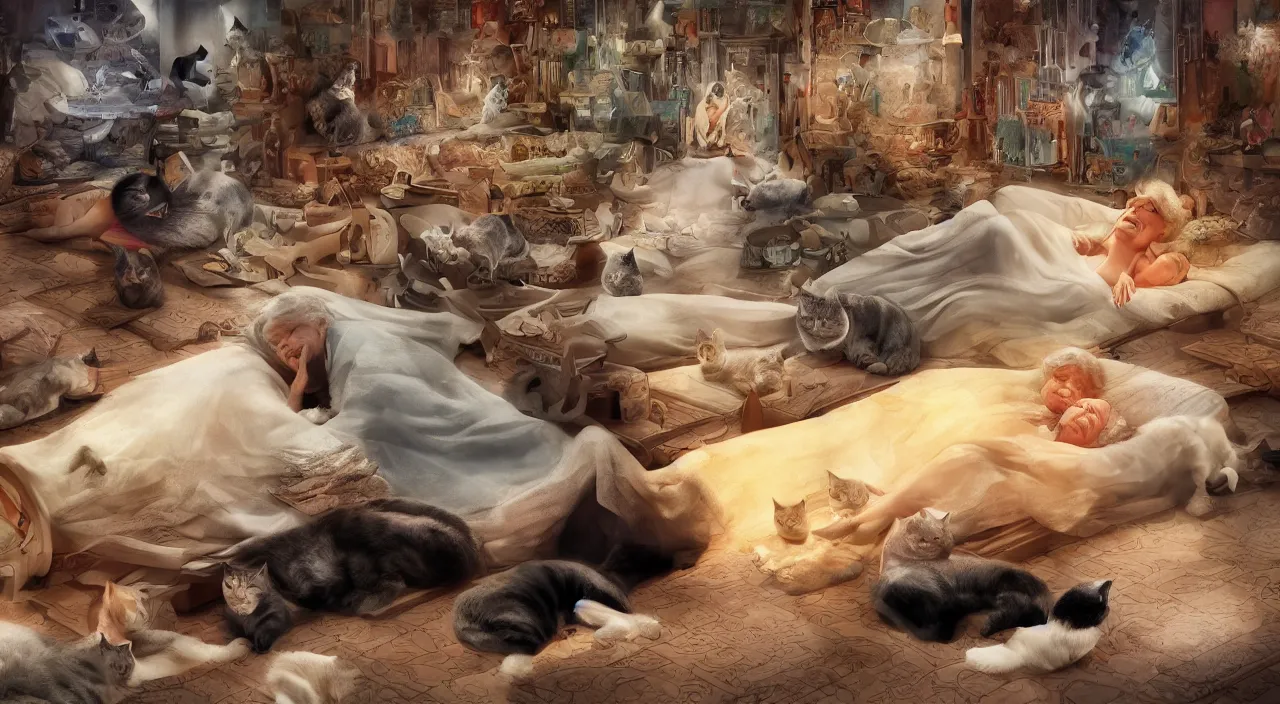 Prompt: a matte painting of old lady laying on a floor surrounded by cats by Frank Lloyd Wright and Zaha Hadid torch volume light stylized illustration digital airbrush painting, 3d rim light, hyperrealistic masterpiece, artstation, cgsociety, kodakchrome, golden ratio