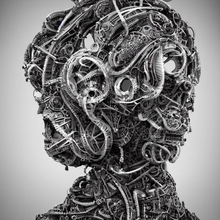 Prompt: surreal biomechanical spinal ribbed tribal exotic organic face portrait of mechanical cyborg, beautiful detailed intricate insanely detailed BW 3D render digital art, octane render, 8K artistic photography, photorealistic