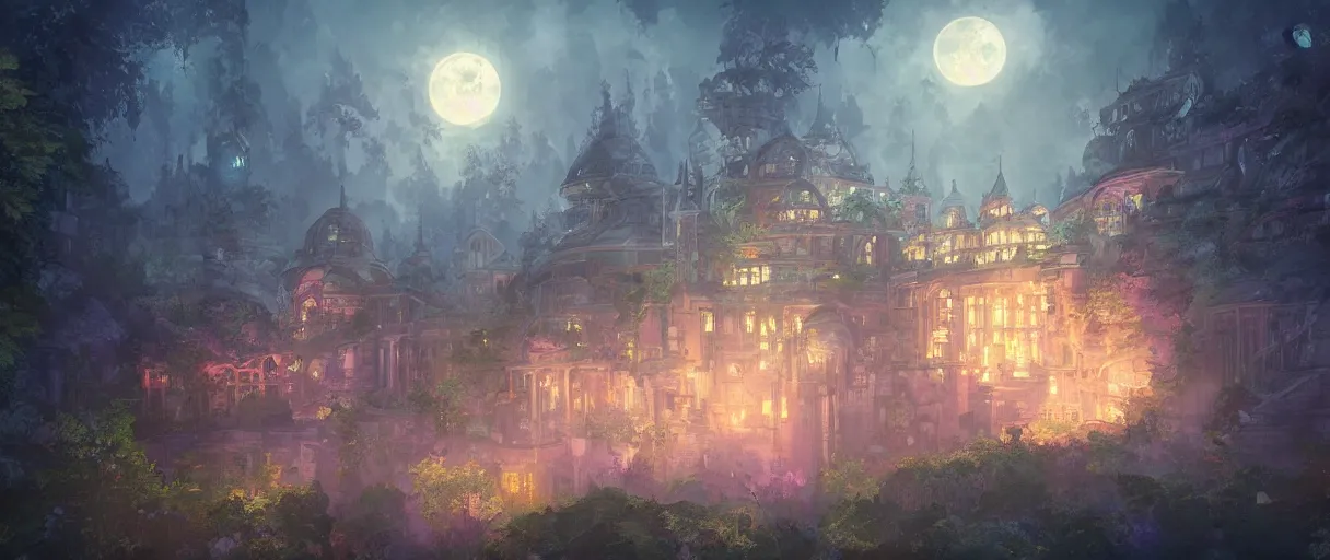 Image similar to huge academic castle city in the forest behind a garden, concept art, digital painting, style of jordan grimmer, warm lighting, futuristic, volumetric lighting, view from below, vivid colours, bright, nighttime, moon rays , high detail