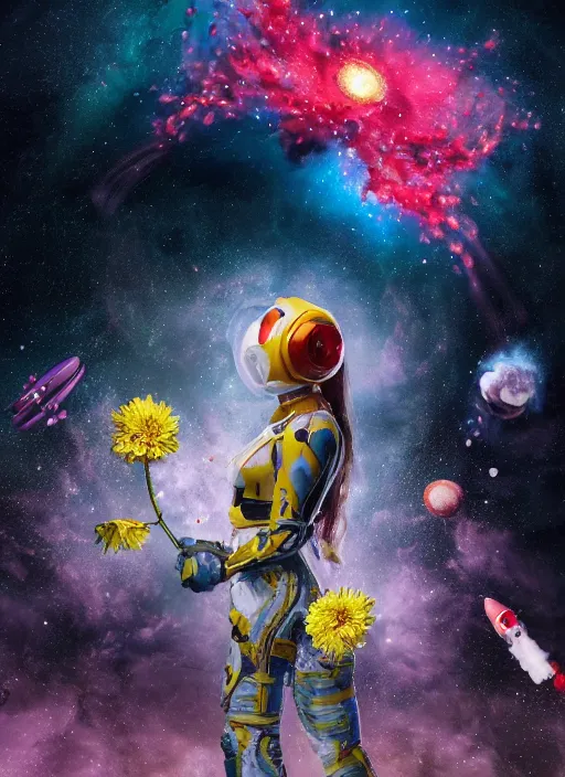Image similar to An epic fantastic realism comic book style painting of the most beautiful flowers launched into space, bouquets, everything being pulled into a black hole, floral meteor, fisheye, unreal 5, DAZ, hyperrealistic, octane render, dynamic lighting