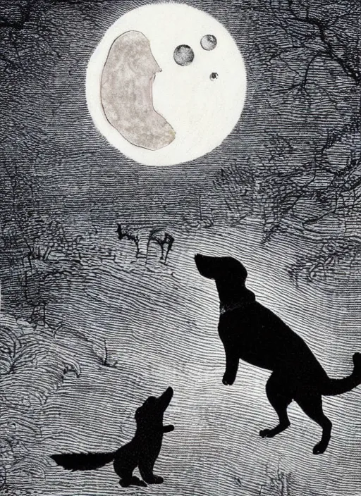 Image similar to dog silhouette howling at the moon, illustrated by peggy fortnum and beatrix potter