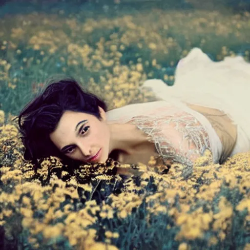 Prompt: fine art photo of the beauty gal gadot, she is lying down and covered by dried flowers, taken by oleg oprisco