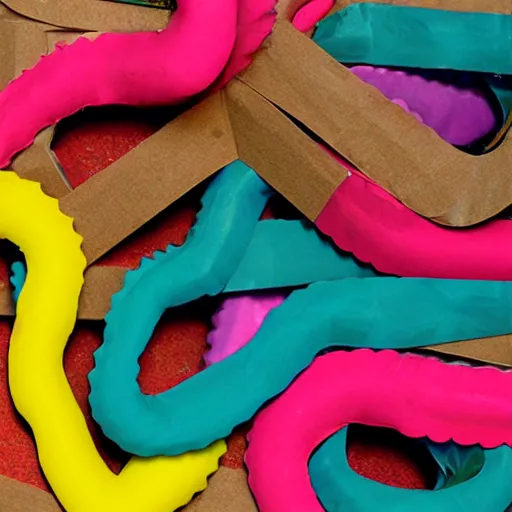 Image similar to cardboard cutout of tentacles, cut out of colored corrugated cardboard, realistic, cardboard cutout, flat, hyperrealistic photography