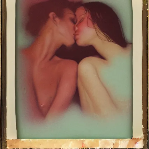 Image similar to a scratched, textured, severely chemically damaged, multilayered gum bichromate print of a blurry, dreamy faint close - up by david lachapelle of women kissing romantically.