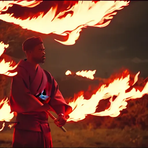 Image similar to cinematic film still of Chance The Rapper starring as a Samurai holding fire, Japanese CGI, VFX, 2022, 40mm lens, shallow depth of field, film photography