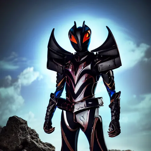 Image similar to High Fantasy Kamen Rider standing in a rock quarry, full body, 4k, glowing eyes, daytime, rubber suit, dark blue segmented armor, dragon inspired armor, centered in frame, promotional picture