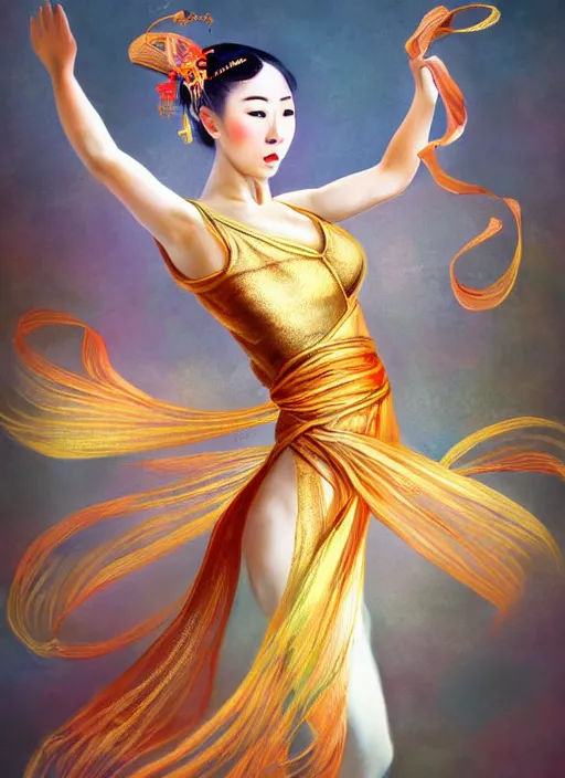 Image similar to full body portrait of a dancer throwing large ribbons, feet, barefoot, full body, vivacious, extremely beautiful, gold jewelry, hanfu, chinese ribbon dance, aerial silk, large flying ribbons, ming dynasty, detailed, realistic face, anatomically accurate, fantasy art, ghostblade, wlop.