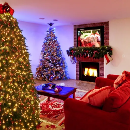 Image similar to interior of a cozy basement with christmas decorations, hd photo