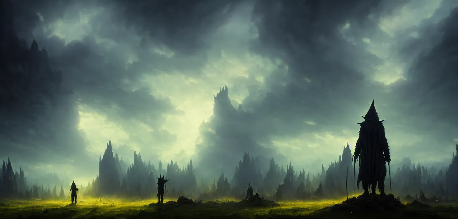 Prompt: the wizard standing among his demonic wolves, cinematic view, epic sky, detailed, concept art, low angle, high detail, warm lighting, volumetric, godrays, vivid, beautiful, trending on artstation, by jordan grimmer, huge scene, grass, art greg rutkowski