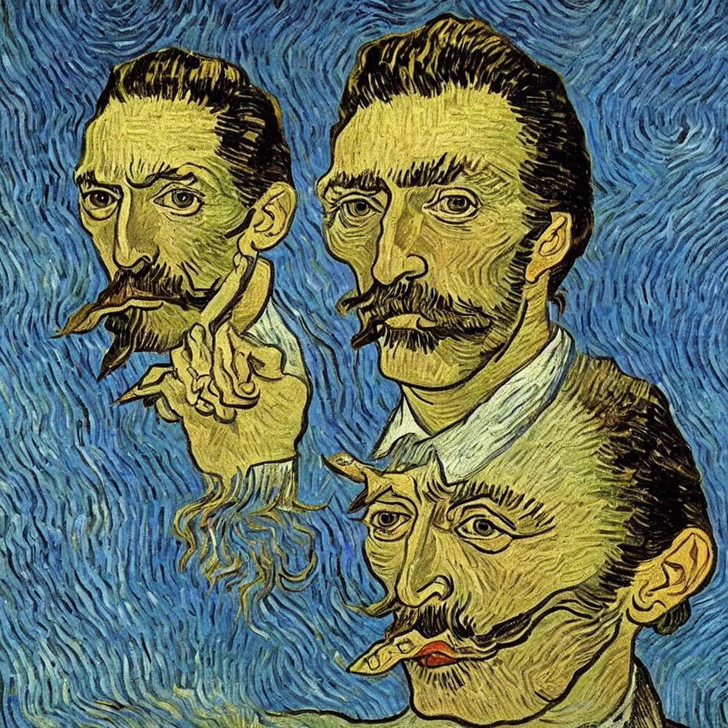 Prompt: a portrait of salvador dali painted by vincent van gogh