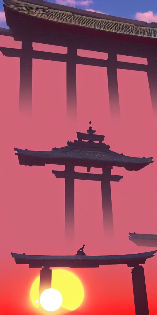 Image similar to Armed samurai standing under an enormous torii gate with the very very red rising sunrise ,hyper-realistic, your name sky, evening, octane rendering , inspired by Katsuhiro Otomo, pixelactivist