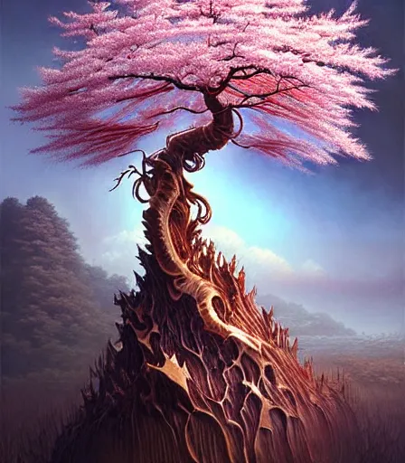 Prompt: highly detailed fantasy artwork of a tree made of water and smoke, carved Japanese Sakura wood organic overgrowth, RHADS, artgerm, James Jean