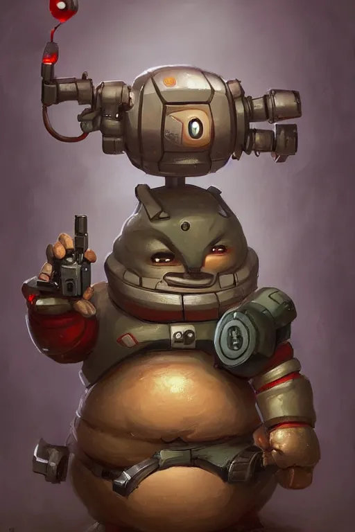 Image similar to cute fat robot with a electric machine gun, tiny, small, miniature , short, red lights, screen face, angry and adorable, fatty, DnD character art portrait, matte fantasy painting, DeviantArt Artstation, by Jason Felix by Steve Argyle by Tyler Jacobson by Peter Mohrbacher, cinematic lighting