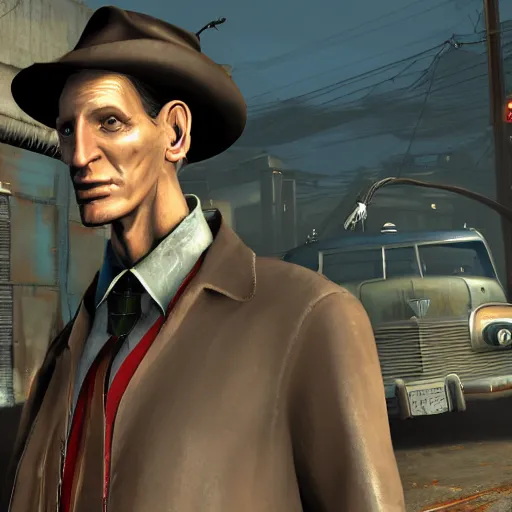 Image similar to nick valentine is sitting in a shopping cart, realism, proportions, 1 6 f, stylization for fallout 4