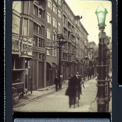 Prompt: a street level Polaroid of a steampunk victorian city street, with people walking on the streets, at night