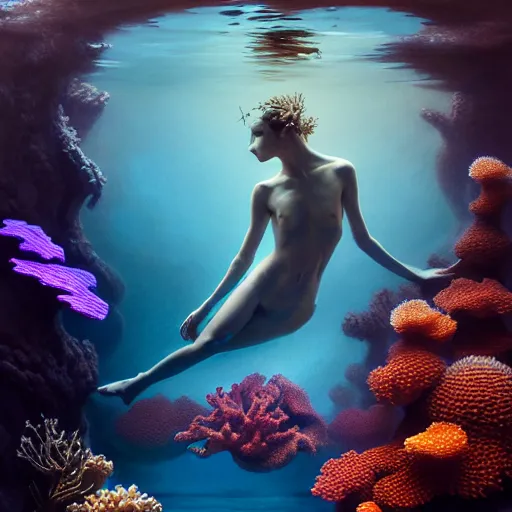 Image similar to unique non-conventional beauty, ornamental fish and corals and seaweed, surreal, intricate, etheric, floating, sensual, dramatic lighting, emotionally evoking symbolic metaphor, painterly, insanely detailed, lifelike, digital painting, artstation, concept art, smooth, sharp focus, illustration, art by John Collier and Krenz Cushart and Artem Demura and Alphonse Mucha and Albert Aublet