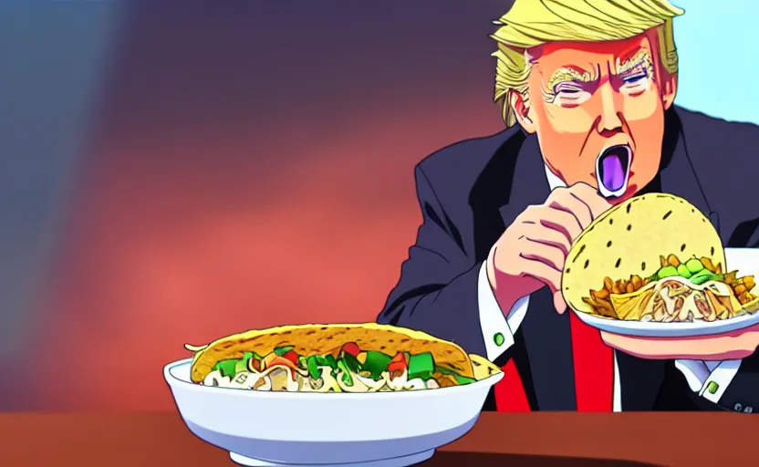 Image similar to beautiful makoto shinkai anime style digital film still portrait of donald trump eating a taco bowl, 4 k, 8 k, hd, high resolution, highly detailed, intricate detail, ultra realistic faces, digital art, trending on artstation, your name, weathering with you