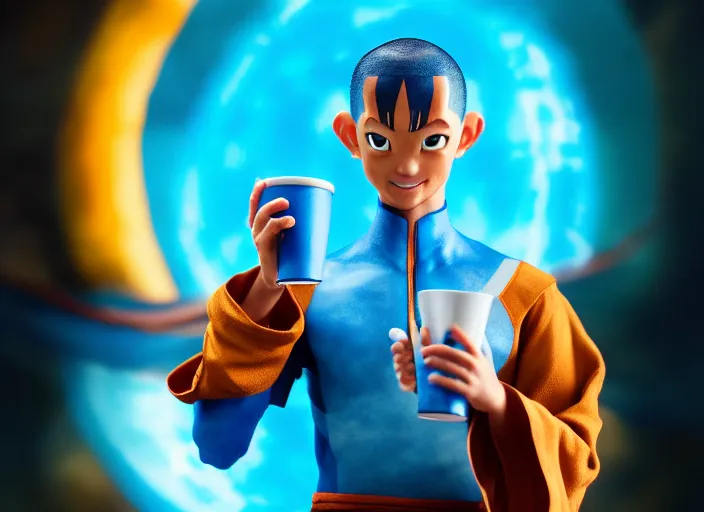 Image similar to real life avatar aang waterbending coffee out of his cup. highly detailed 8 k. intricate. lifelike. soft light. sony a 7 r iv 5 5 mm. cinematic post - processing