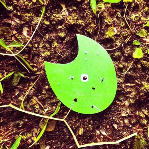 Prompt: A tiny, tin robot, in a green forest holding a leaf over his head to shield him from the wet rain. dew drops. cinematic lighting, cute.