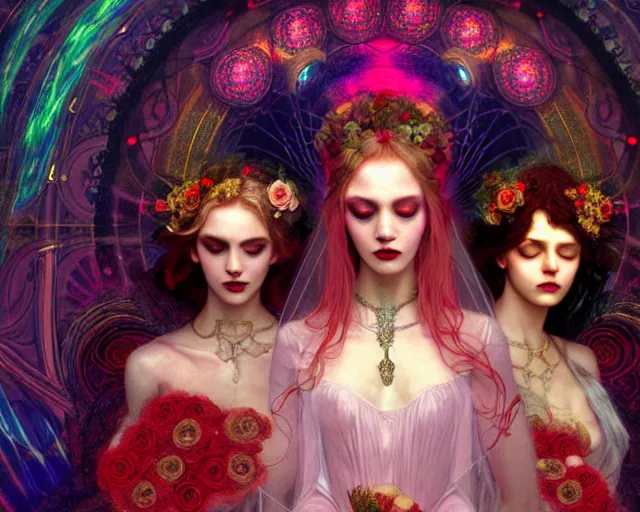 Image similar to three stunning goddesses with beautiful angelic faces, wearing psychedelic wicca, in wedding dresses, red neon roses, full body, dark and mysterious, atmospheric, ominous, eerie, cinematic light, epic, 8 k 3 d, ultra detail, ultra realistic, by wlop, by mucha, by giger